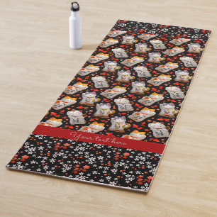 Tapete De Yoga Gato de Sorte Japonês Negro e Vermelho