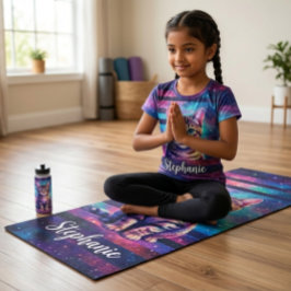 Tapete De Yoga Gato Fofo e Design de Nome Personalizado