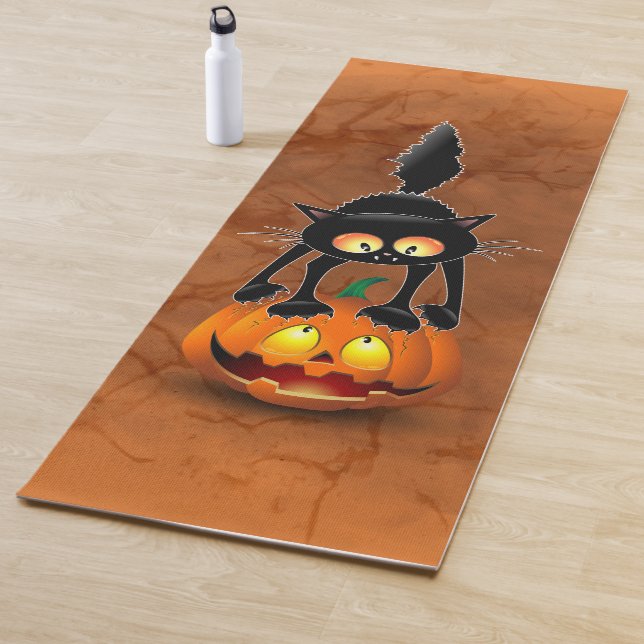 Tapete De Yoga Gato Halloween Caricatura Assustada na Pumpkin (In Situ)