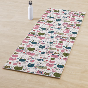 Tapete De Yoga Gatos rostos mudos cor-de-rosa verde quente