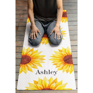 Tapete De Yoga Girassóis Amarelos Padrão Floral Branco