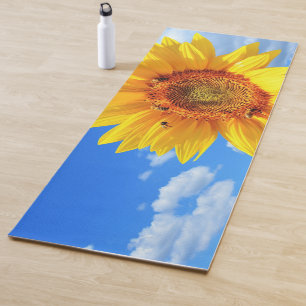 Tapete De Yoga Girassol Amarelo e Abelhas no Céu Azul - Dia do Ve