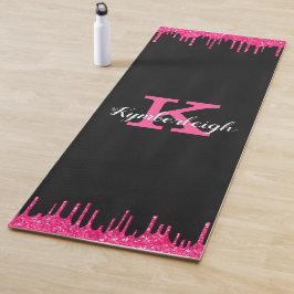 Tapete De Yoga Girly Black Hot Pink Glitter Drives Nome do Monogr