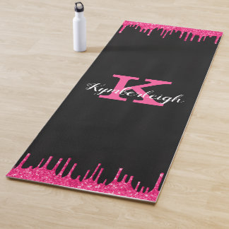 Tapete De Yoga Girly Black Hot Pink Glitter Drives Nome do Monogr