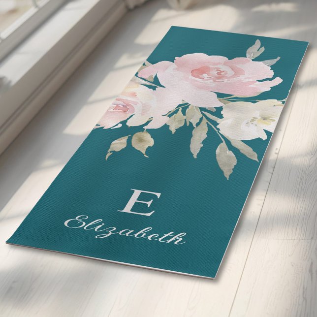 Tapete De Yoga Girly Feminine Floral Name and Monogram (Criador carregado)
