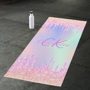 Tapete De Yoga Glitter do arco-íris cor-de-rosa pinga monograma h