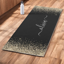 Tapete De Yoga Glitter Dourado Preto Monograma Fitness Feminino