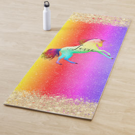 Tapete De Yoga Glittery Rainbow Unicorn Personalizado