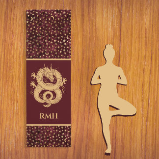 Tapete De Yoga Gold Dragon on Burgundy with Stars Moon Monogram 