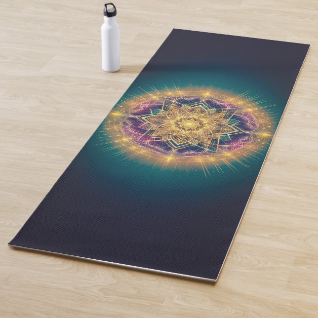 Tapete De Yoga Golden Mandala Glow on Teal – Spiritual Sacred (In Situ)