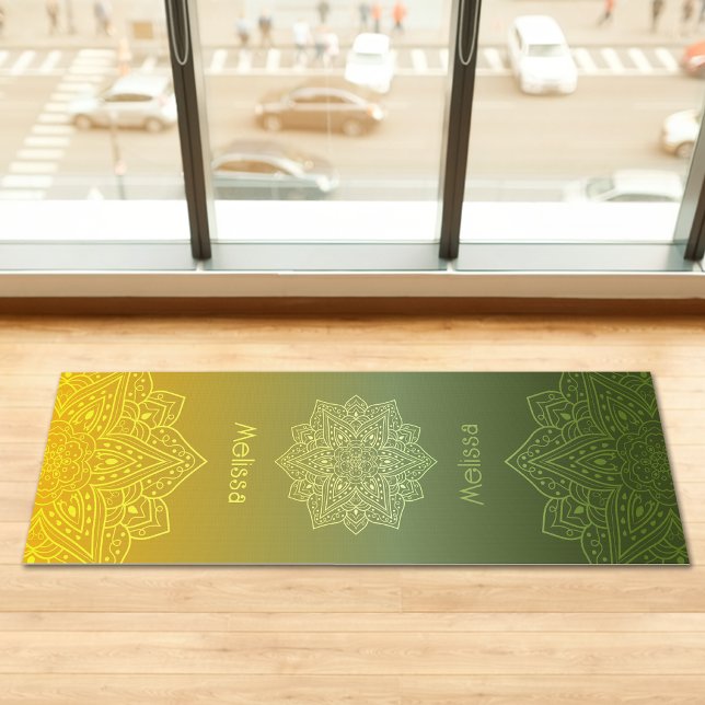 Tapete De Yoga Green To Yellow Gradient Mandala With Name (Disclaimer: This image is a digital mockup.)