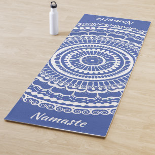 Tapete De Yoga Henna Mandala Yoga Mat Branco e Azul