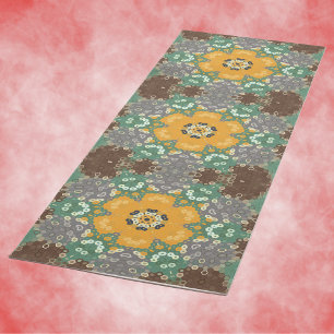 Tapete De Yoga Hex Mandala Amarelo Teal e Marrom