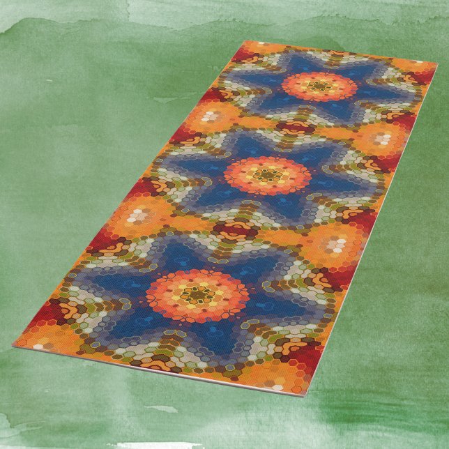 Tapete De Yoga Hex Mandala Blue Orange e Red (Blue Orange and Red Hexagon Mandala Yoga Mat by Wormhole Orbital)