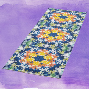 Tapete De Yoga Hex Mandala Blue Yellow Orange e Green