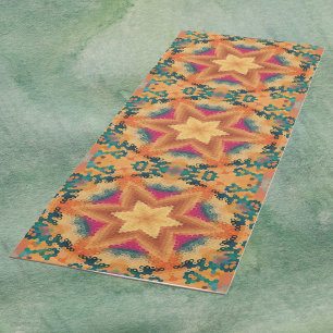 Tapete De Yoga Hex Mandala Orange Blue e rosa