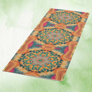 Tapete De Yoga Hex Mandala Orange e Blue