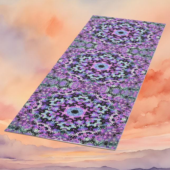 Tapete De Yoga Hex Mandala Puro Rosa e Azul (Purple Pink and Blue Hexagon Mandala Yoga Mat By Wormhole Orbital)