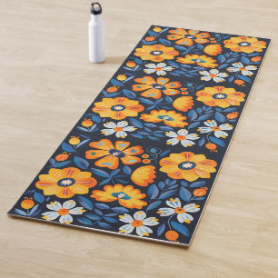 Tapete De Yoga Ilustração Floral Retro Ousada em Laranja e Azul