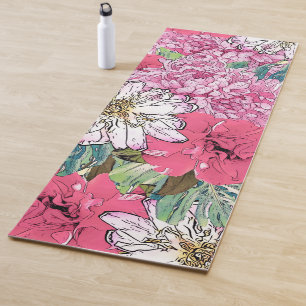 Tapete De Yoga Ilustração Floral Verde e Rosa Bonita