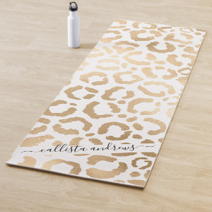 Tapete De Yoga Impressão Animal Leopardo Branco Dourado Elegante