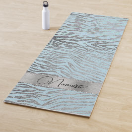 Tapete De Yoga Impressão de Zebra Silver Glittery em Blue Persona