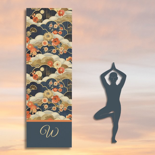 Tapete De Yoga Japanese Style Retro Teal Floral and Clouds Print (Criador carregado)