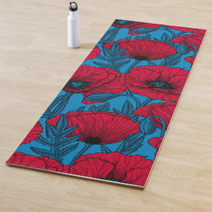Tapete De Yoga Jardim de papoila vermelho em azul