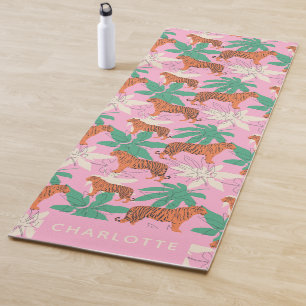 Tapete De Yoga Laranja Rosa Chic Tigre Selva Nome Personalizado