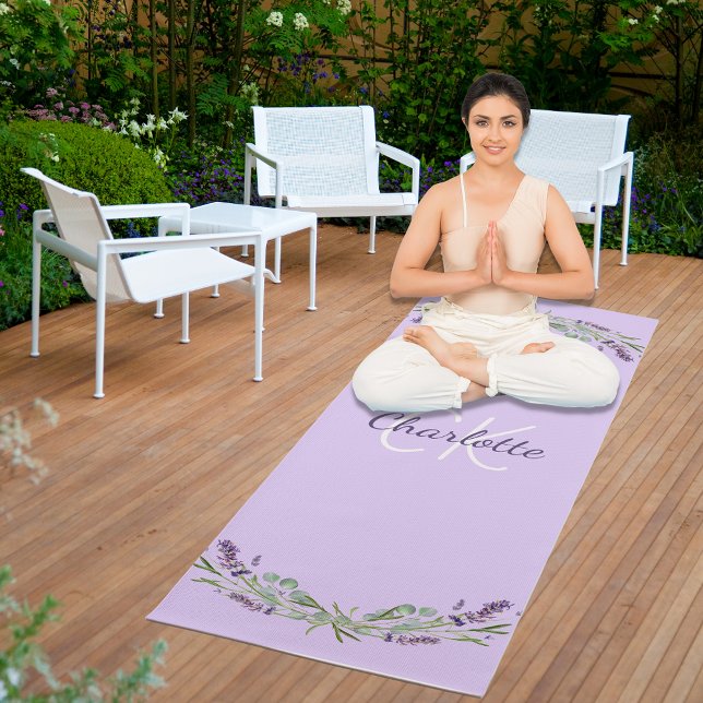 Tapete De Yoga Lavanda violeta floral nome monograma iniciais (Criador carregado)