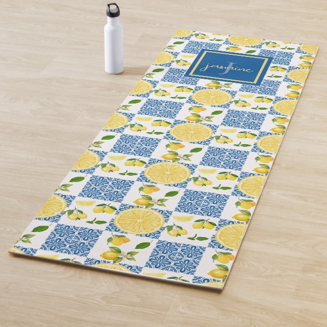 Tapete De Yoga Lemon Monogram Name French Country Tile Pattern (In Situ)
