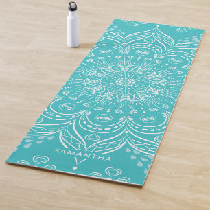 Tapete De Yoga Linda Mandala Personalizada Teal Blue Boho