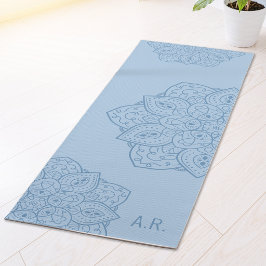 Tapete De Yoga Lindo Mandala Decorativo Moderno Azul e Iniciais