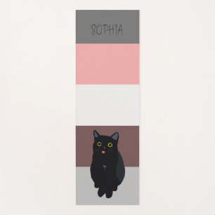 Tapete De Yoga Listras coloridas, desenho de gato preto e monogra