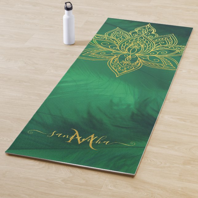 Tapete De Yoga Lotus Emerald Dourado Mandala Monograma Elegante (In Situ)