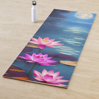 Tapete De Yoga Lua cheia e belas flores cor-de-rosa