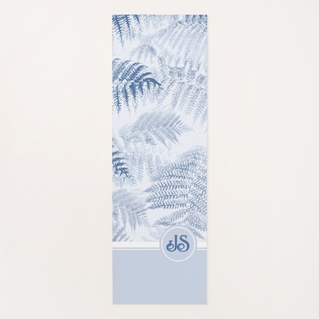 Tapete De Yoga Lush Serene Blue Ferns Monogramas Iniciais (Frente)