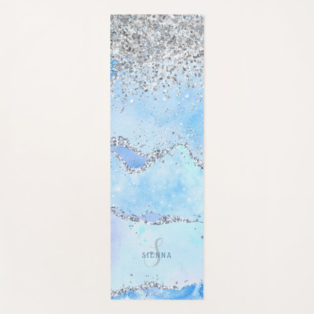 Tapete De Yoga Luxe Blue Marble & Silver Glitter com Nome Monogra (Frente)