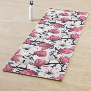 Tapete De Yoga Magnólia rosa e pássaros tintos azuis