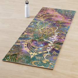 Tapete De Yoga Mandala Dourada Moderna Nebulosa Azul Roxo Nome Pe