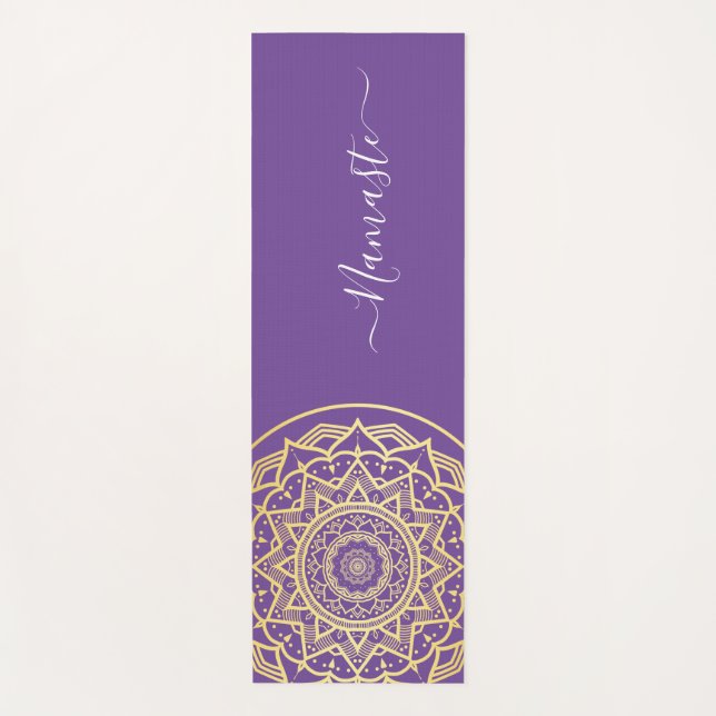 Tapete De Yoga Mandala Dourada Roxa Namaste Script (Frente)