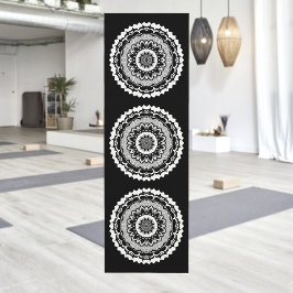 Tapete de Yoga Mandala Floral Preto e Branco