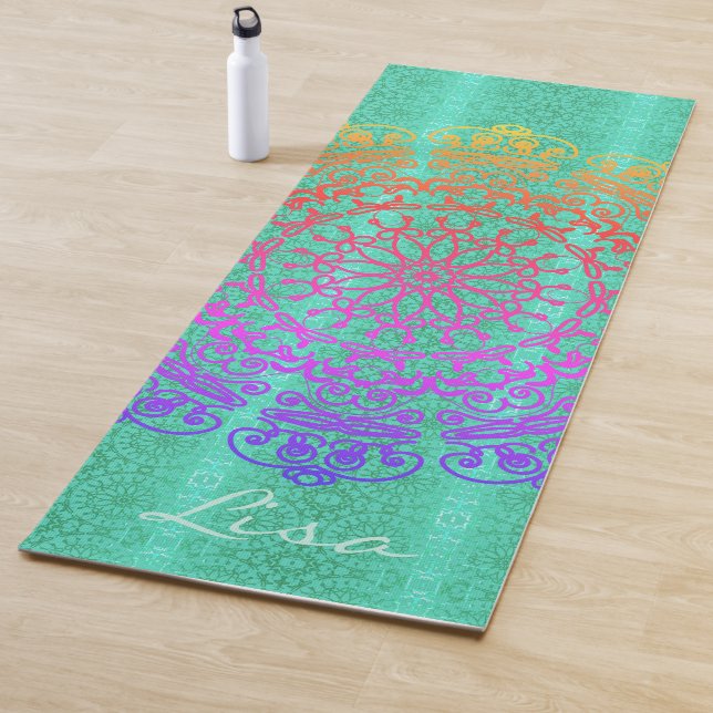 Tapete De Yoga Mandala Green com Nome Yoga Mat (In Situ)