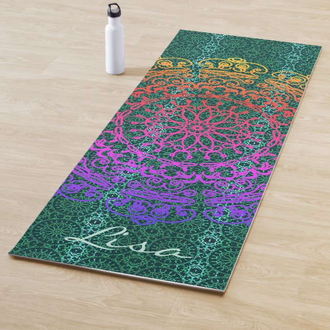 Tapete De Yoga Mandala Green com Nome Yoga Mat (In Situ)