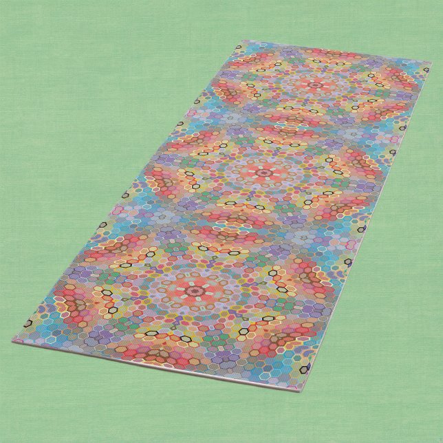 Tapete De Yoga Mandala Hexagonal Arco-íris (Rainbow Hexagon Mandala Yoga Mat by Wormhole Orbital)