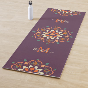 Tapete De Yoga Mandala Orange Plum Teal Na moda Nome Monograma