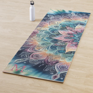 Tapete De Yoga Mandala Tie Dye Pink Boho Watercolor Nome Monogram