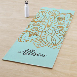 Tapete De Yoga Mandala Turquesa Azul Ouro Personalizado