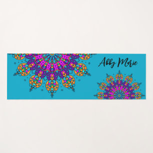 Tapete De Yoga Mandalas Colorido Sobre Turquesa Personalizado