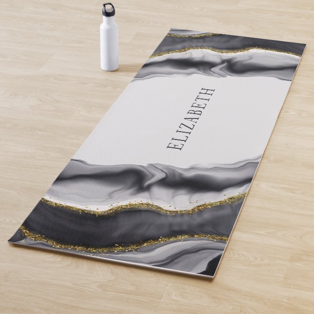 Tapete De Yoga Marble Black Personalize Dourado (In Situ)